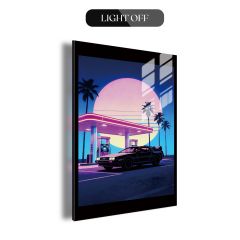 80s Synthwave Gas Station & Sports Car LED Acrylic Wall Art DLPG019