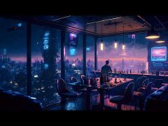 Futuristic City Panoramic High-Altitude Bar 4K Desktop Wallpaper DWPL002
