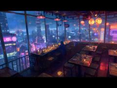 Cyberpunk Cozy High-Altitude Restaurant View 4K Desktop Wallpaper DWPL003