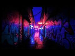 Cyberpunk Neon Graffiti Dark Alleyway 4K Desktop Wallpaper DWPL004