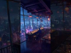 Cyberpunk Cozy High-Altitude Restaurant View HD Mobile Lock Screen MWPL003