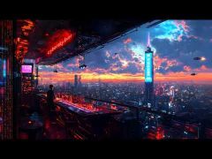 Majestic Cyberpunk Sunset City Skyline 4K Desktop Wallpaper DWPL007