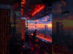 Majestic Cyberpunk Sunset City Skyline HD Mobile Lock Screen MWPL007