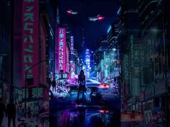 Futuristic Cyberpunk Street Night with Heroine and Retro Car HD Mobile Lock Screen MWPL011