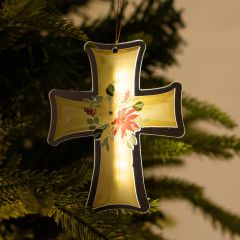 LED Botanical Cross Christmas Ornament - Poinsettia & Holly Lighted Decoration DLGS46