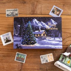 Scenic LED Winter Cabin Christmas Card - Glowing Tree & Snowy Mountain Landscape DLCC010