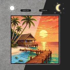 Pixel Art Beach Sunset Pier Palm Trees Orange Sky Light Box DLPDG068
