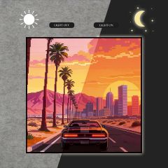 Pixel Art City Skyline Sunset Pink Orange Sky Palm Trees Light Box DLPDG072