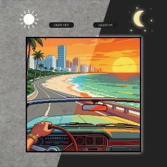 Pixel Art Convertible Car Coastal Highway Sunset Orange Sky Light Box DLPDG070