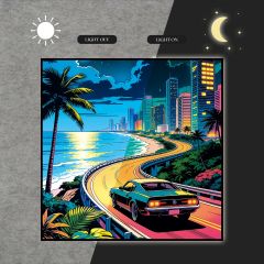 Pixel Art Tropical Coastal Road Night Teal Green Palm Trees Light Box DLPDG069